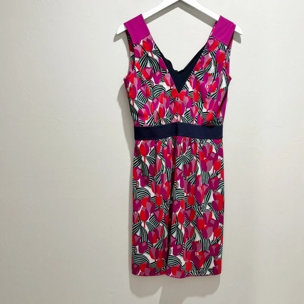 TORY BURCH Women’s Pink Blue Tulip AUGUSTINA Floral V-Neck Logo Dress Tie Sz XS